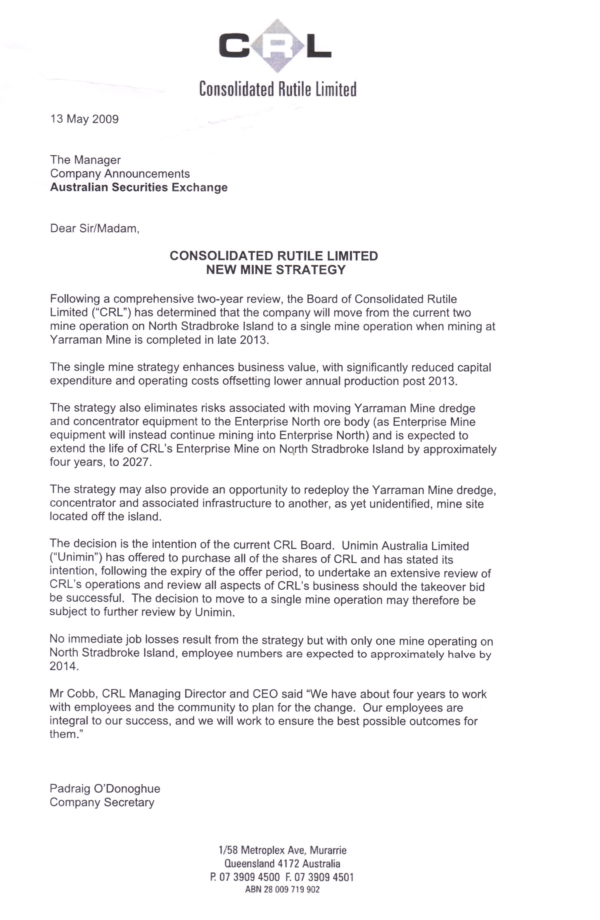CRL letter to ASX re mining on Straddie